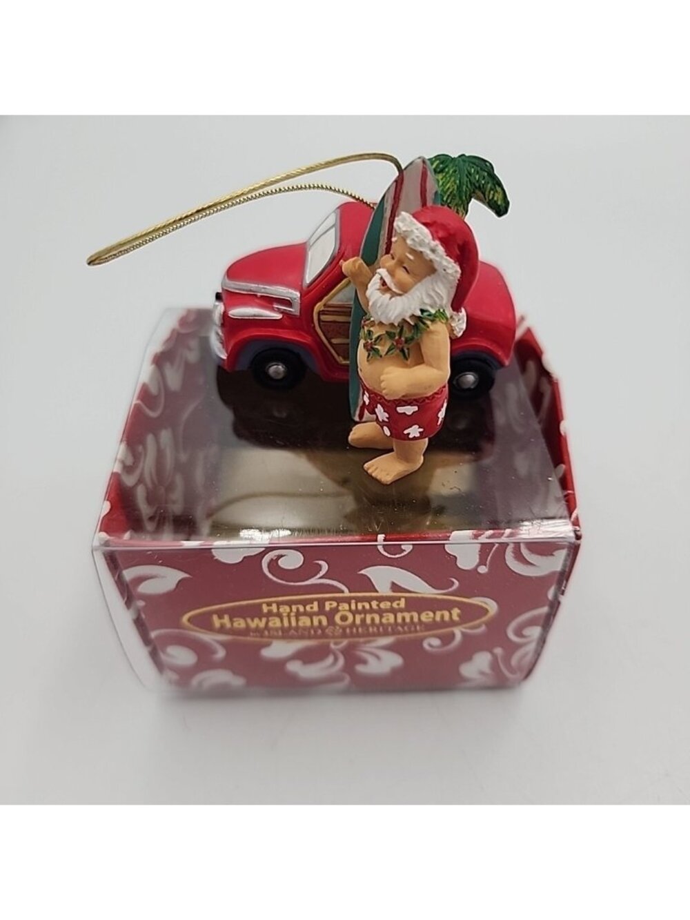 Hawaiian Designer Christmas Ornament Hand Painted SANTA & WOODY Island Heritage